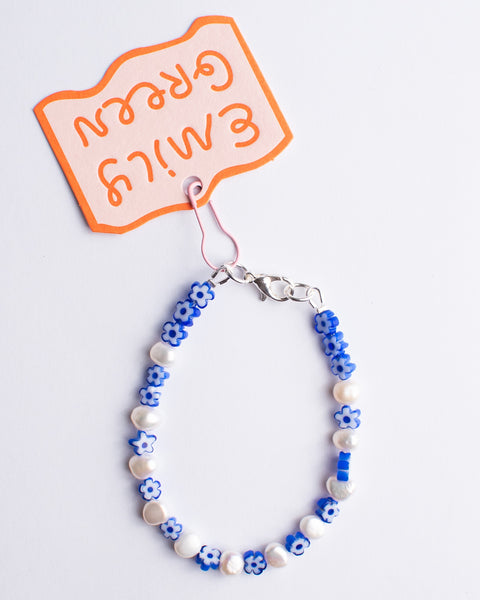 Emily Green - Blue Daisy and Pearl Bracelet
