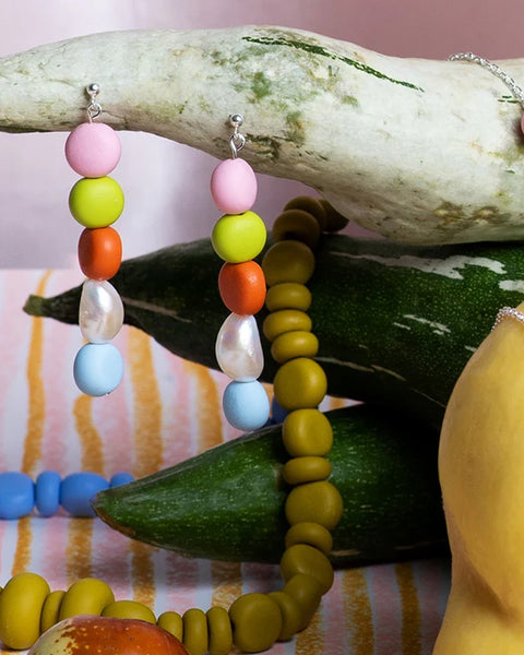Emily Green - Splits Beaded Pearl Drop Earrings - Caramel, Powder Blue and Wasabi