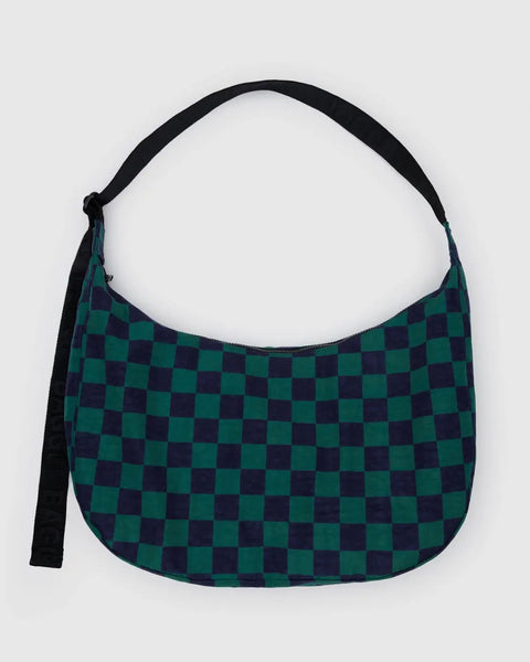 Baggu - Large Nylon Crescent Bag - Navy Green Check