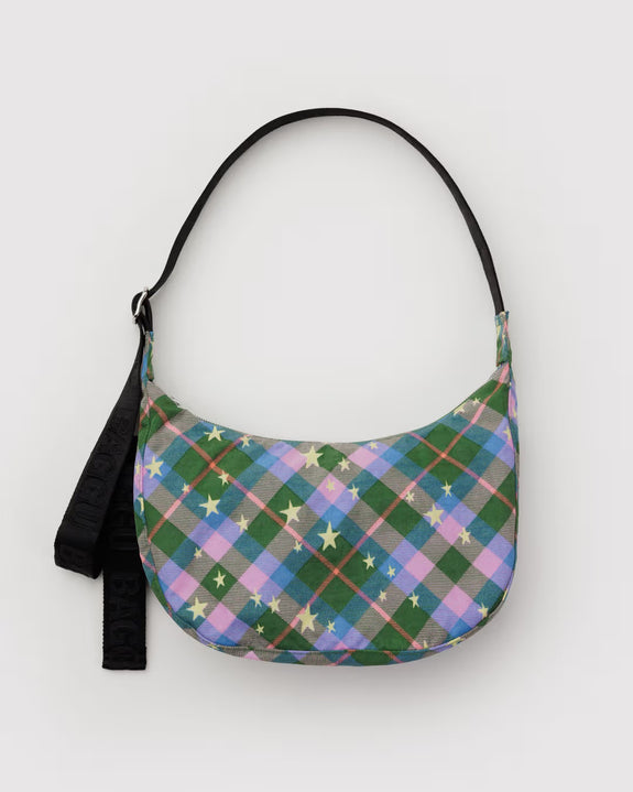 Baggu - Medium Nylon Crescent Bag - Green Star Plaid *PRE-BOOK dispatch after Oct 16th*
