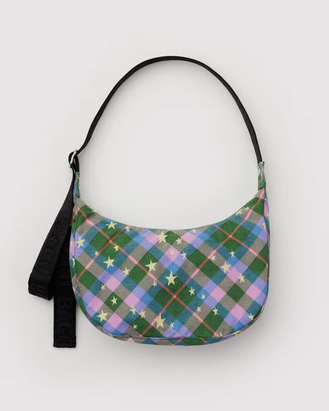 Baggu - Medium Nylon Crescent Bag - Green Star Plaid *PRE-BOOK dispatch after Oct 16th*
