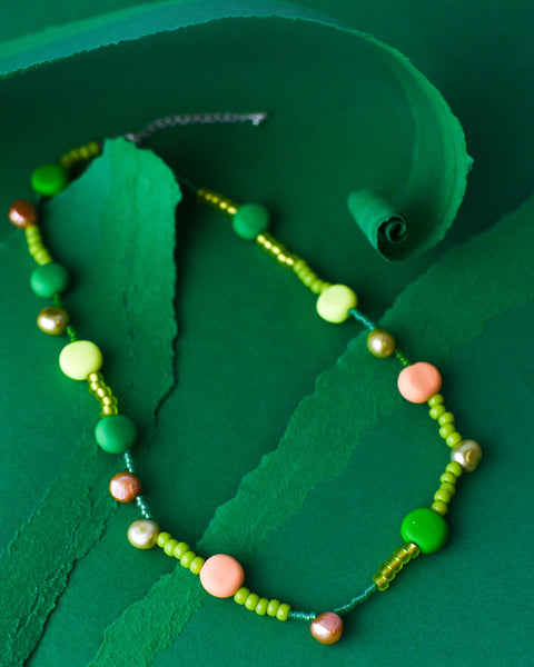 Emily Green - Glass + Clay Necklace - Apricot and Emerald