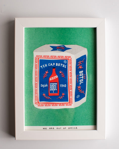 We Are Out of Office - FRAMED WHITE Riso Print - Package of Indonesian Jasmine Tea
