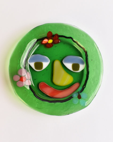 Lawn Bowls - 13cm Glass Plate - Green Face with Flowers