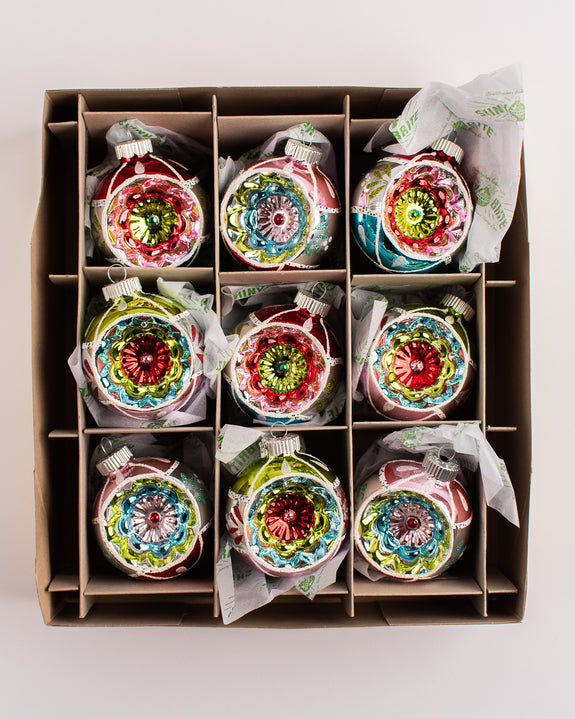 Christopher Radko - Holiday Glass Ornaments –  Festive Fete Set of 9 Reflector Rounds