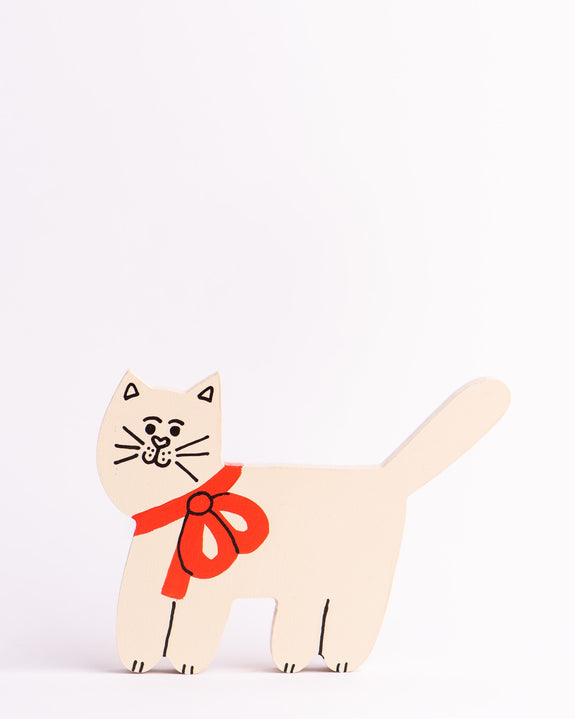 Tess Smith-Roberts - Painted Sculpture - Cream Cat Red Bow