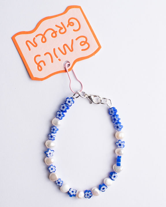 Emily Green - Blue Daisy and Pearl Bracelet