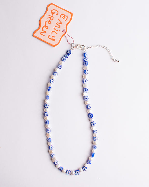 Emily Green - Blue Daisy and Pearl Necklace