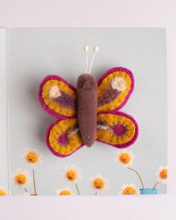 Cat Rabbit - Moth Brooch - Purple / Mustard