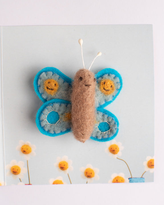Cat Rabbit - Moth Brooch - Blue / Smiley