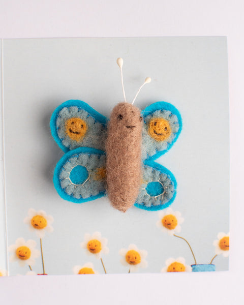 Cat Rabbit - Moth Brooch - Blue / Smiley