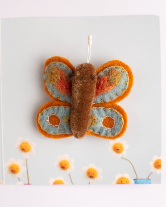 Cat Rabbit - Moth Brooch - Mustard / Blue