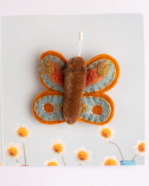 Cat Rabbit - Moth Brooch - Mustard / Blue