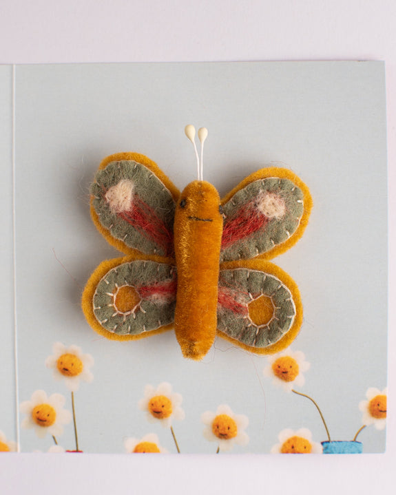 Cat Rabbit - Moth Brooch - Mustard / Sage