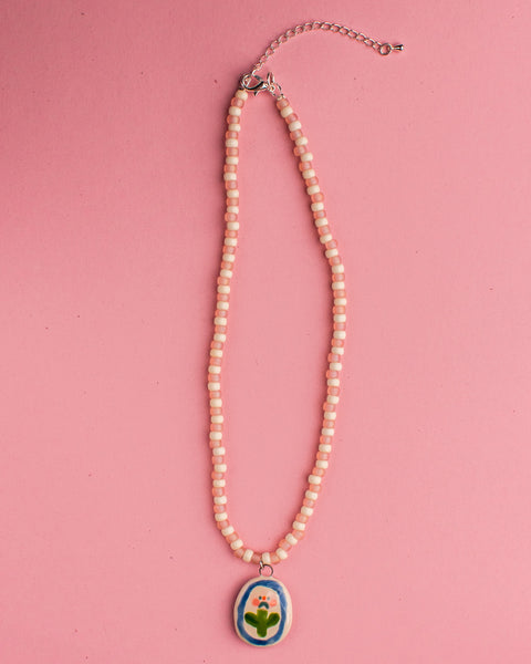 Pansy x Emily Green Ceramic Charm Necklace - Flower Portrait Pink