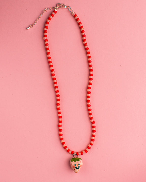 Pansy x Emily Green Ceramic Charm Necklace - Red and Pink Strawberry