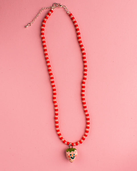 Pansy x Emily Green Ceramic Charm Necklace - Red and Pink Strawberry