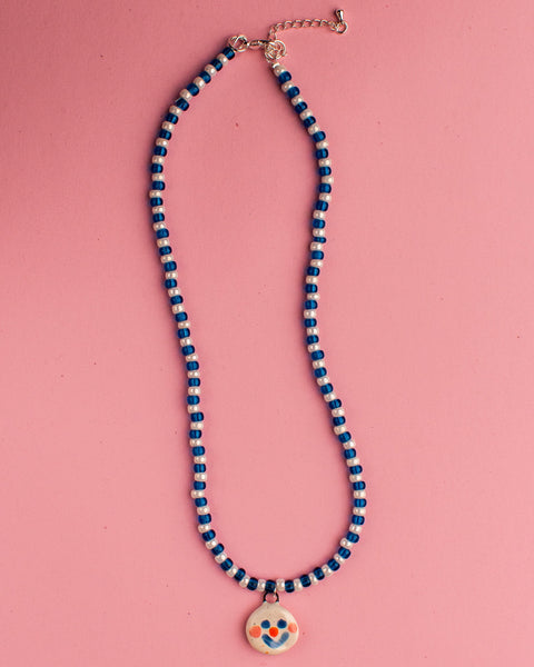 Pansy x Emily Green Ceramic Charm Necklace - White and Turquoise Face