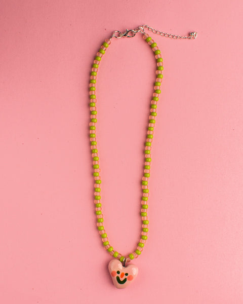 Pansy x Emily Green Ceramic Charm Necklace - Green and Pink Heart