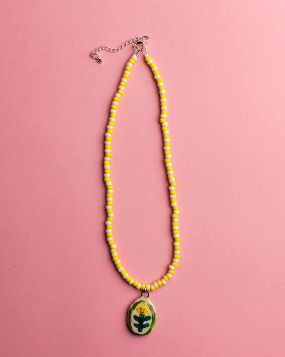 Pansy x Emily Green Ceramic Charm Necklace - Flower Portrait Yellow
