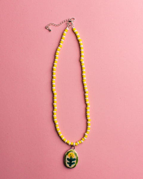 Pansy x Emily Green Ceramic Charm Necklace - Flower Portrait Yellow