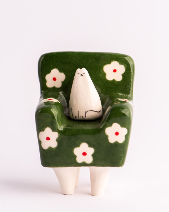Milo Hachim - Cat in Armchair - Green Flowers