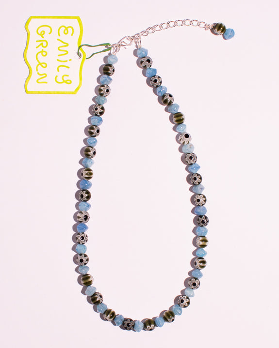 Emily Green - Olive Green Millefiori & Light Blue Short Beaded Necklace