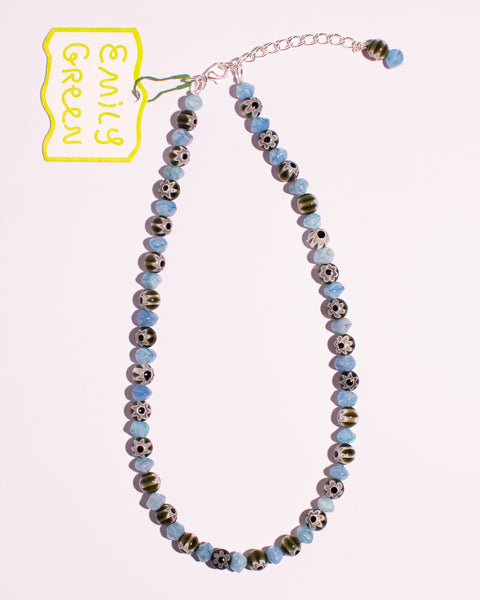Emily Green - Olive Green Millefiori & Light Blue Short Beaded Necklace