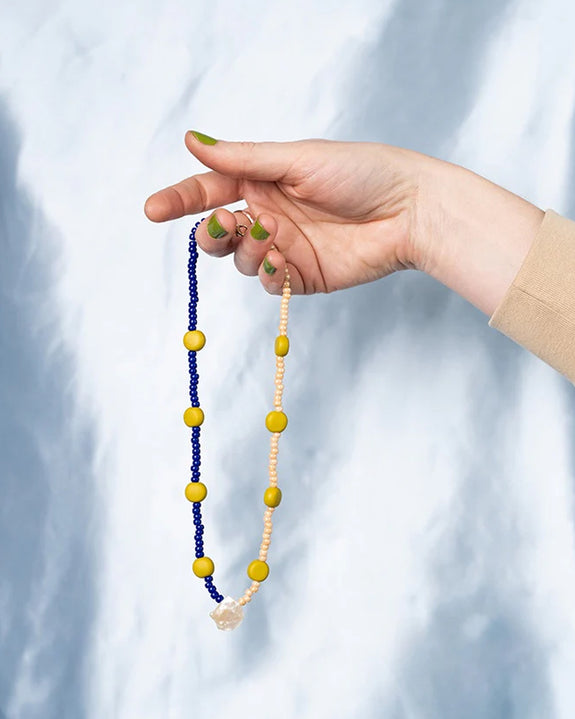 Emily Green - Splits - Glass and Clay Necklace in Cobalt, Mustard and Champagne