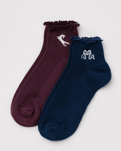 Baggu - Lettuce Edge Sock Set of 2 - Mahogany & Navy Icons