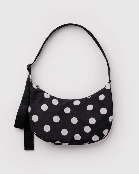 Baggu - Medium Nylon Crescent Bag - Black and Cream Polka Dot
