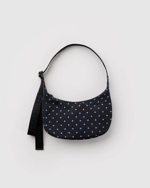 Baggu - Small Nylon Crescent Bag - Black and Sky Blue Micro Dot