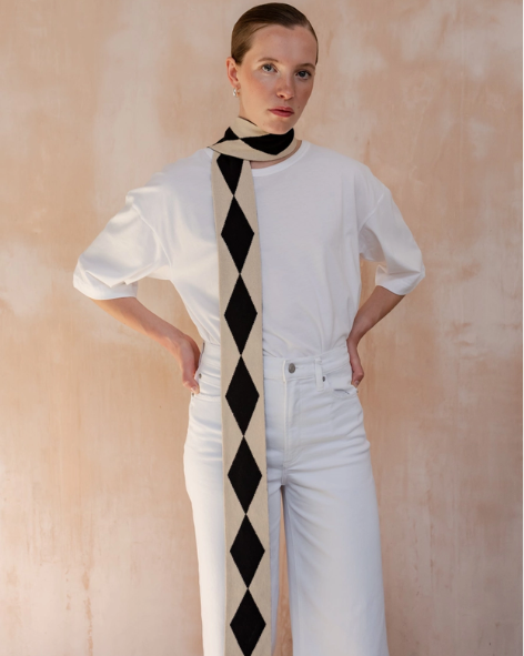 TBCo - Merino Wool Skinny Scarf in Black & Cream Harlequin