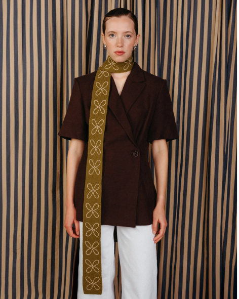 TBCo - Merino Wool Skinny Scarf in Olive Flora