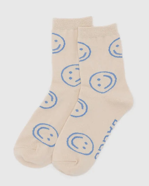 Baggu - Crew Sock - Ecru Periwinkle Happy