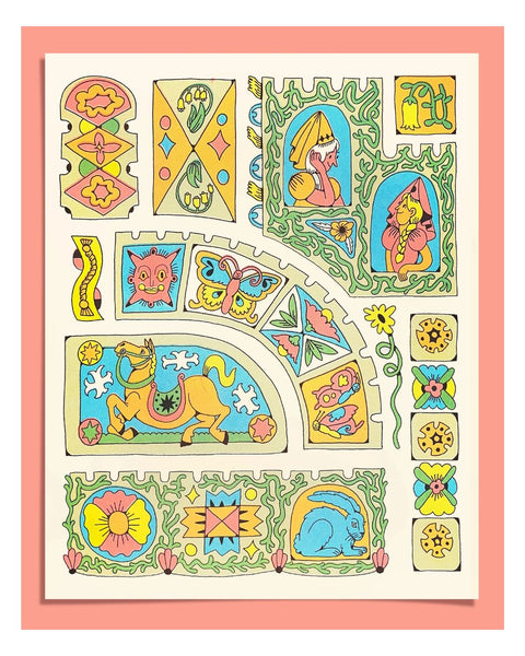 Maddie Fischer - Castle Panels in Aqua/Peach Riso Print
