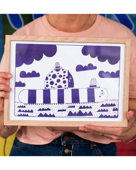 Graphic Nugget - Purple Lady Bug and Caterpillar Riso Print - A4 (framed)