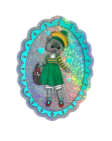 Astral Weekend - Kitty Cat Gathering Mushrooms Glitter Sticker - 3 Inch