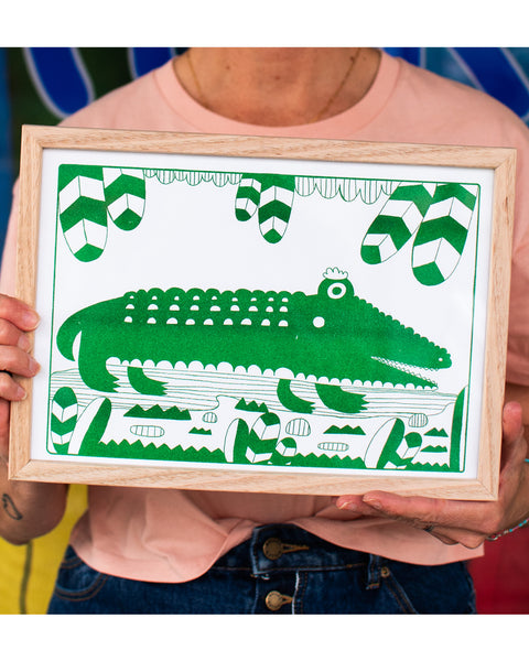 Graphic Nugget - Green Crocodile Riso Print - A4 (framed)