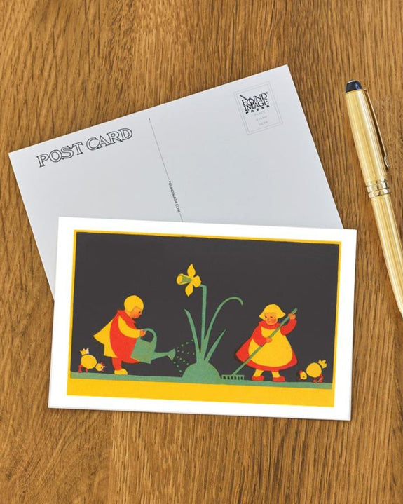 Found Image Press - Dutch Children Watering Daffodil Postcard