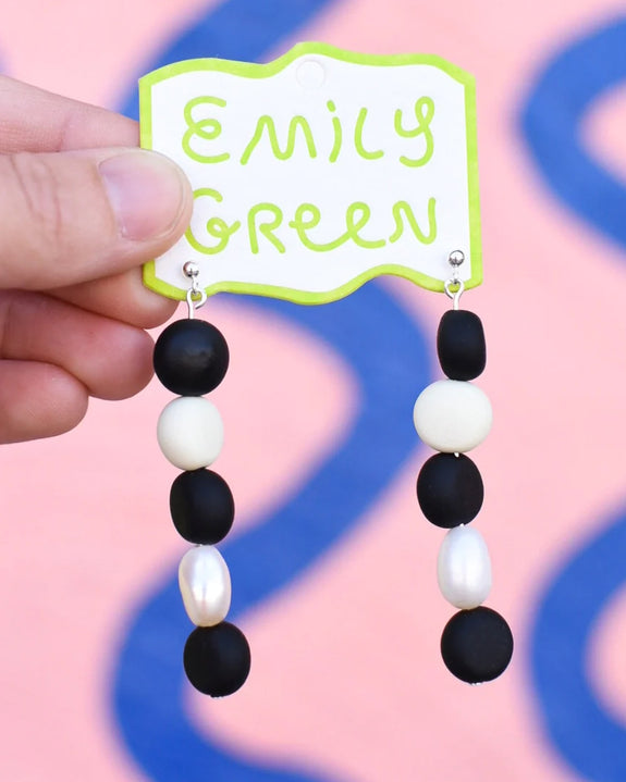 Emily Green - Black & Bone Beaded Pearl Drop Earrings