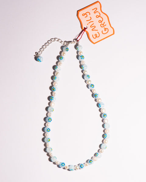Emily Green - Millefiori & Pearl Short Necklace - White and Aqua Blue