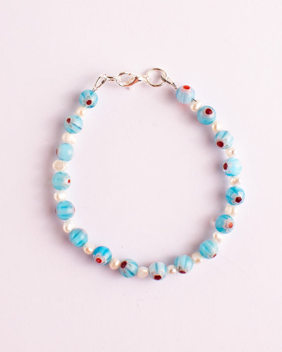 Emily Green - Millefiori & Pearl Bracelet - Aqua Blue