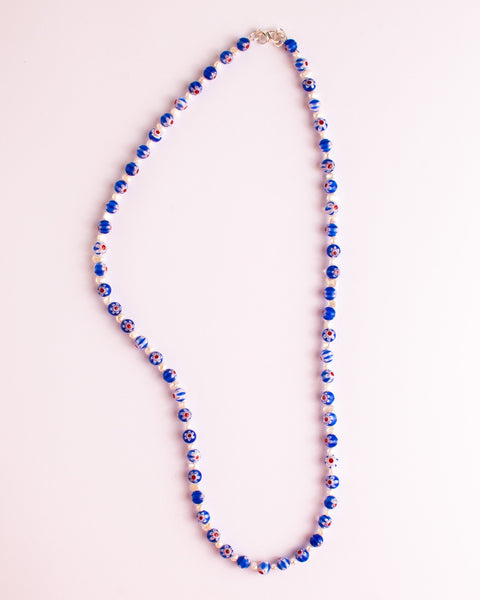 Emily Green - Millefiori & Pearl Necklace - Cobalt Blue