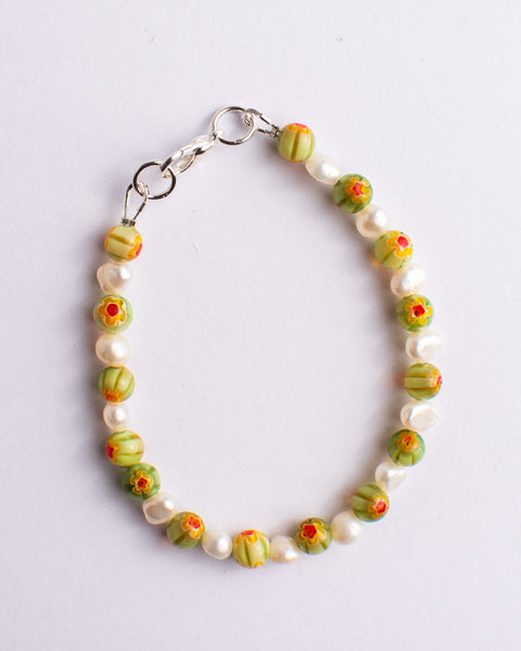 Emily Green - Millefiori & Pearl Bracelet - Olive Green