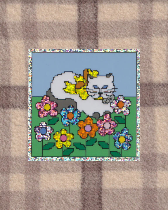 Rodeo Embroidery - Glitter Vinyl Sticker - Flower Kitty