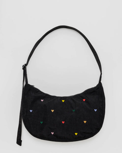 Baggu - Medium Nylon Crescent Bag -  Embroidered Hearts