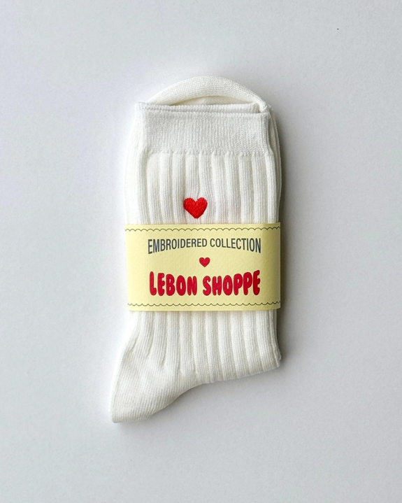 Le Bon Shoppe - Embroidered Her Socks - Classic White Heart