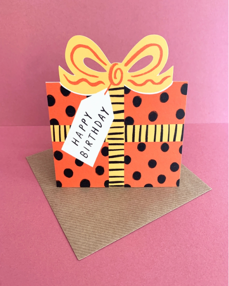 Kitty Kenda Papergoods - Birthday Bow Shaped Greeting Card - Red Black Spot