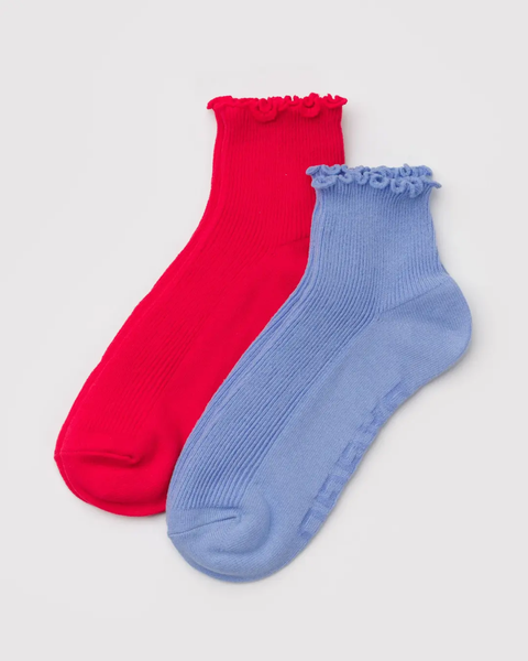 Baggu - Lettuce Edge Sock Set of 2 - Light Blue & Red